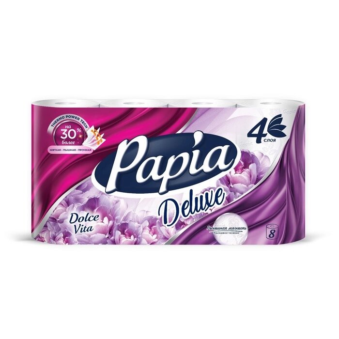 Туалетная бумага PAPIA DELUXE Dolce Vita, 4 слоя, 8 рулонов от компании Интернет-гипермаркет «MOLL» - фото 1