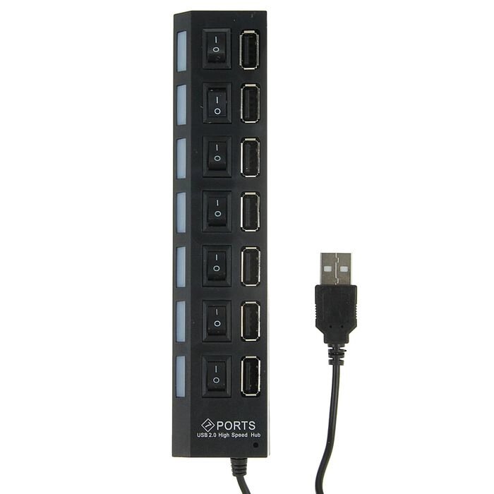 USB-разветвитель LuazON, 7 портов с выключателями, USB 2.0, черный от компании Интернет-гипермаркет «MOLL» - фото 1
