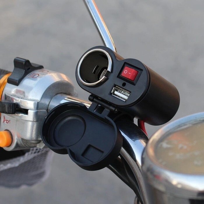 Зарядное устройство с тумблером на руль мотоцикла, USB + прикуриватель, провод 120 см от компании Интернет-гипермаркет «MOLL» - фото 1