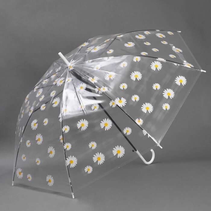 Зонт - трость полуавтоматический "Ромашка", 8 спиц, R = 47 см, цвет прозрачный/белый от компании Интернет-гипермаркет «MOLL» - фото 1