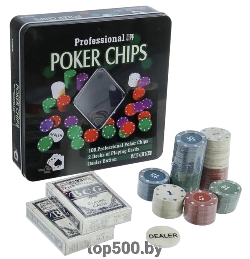 Набор для игры в покер "Professional Poker Chips", 100 фишек + 2 колоды карт от компании TOP500 - фото 1