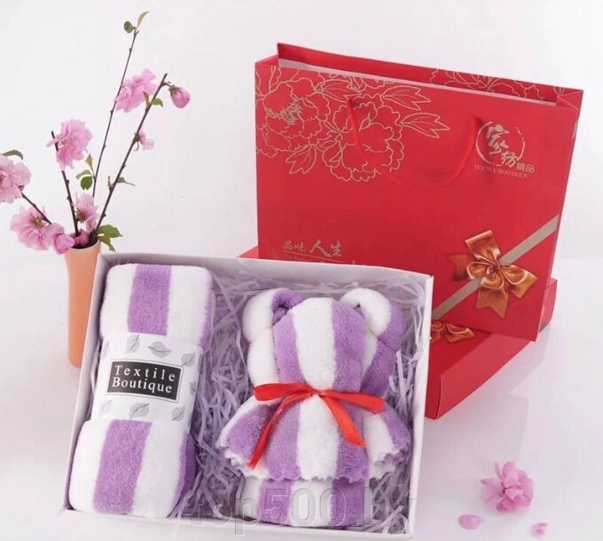 Набор полотенец в подарочной коробке "Мишка" Фиолетовый от компании TOP500 - фото 1