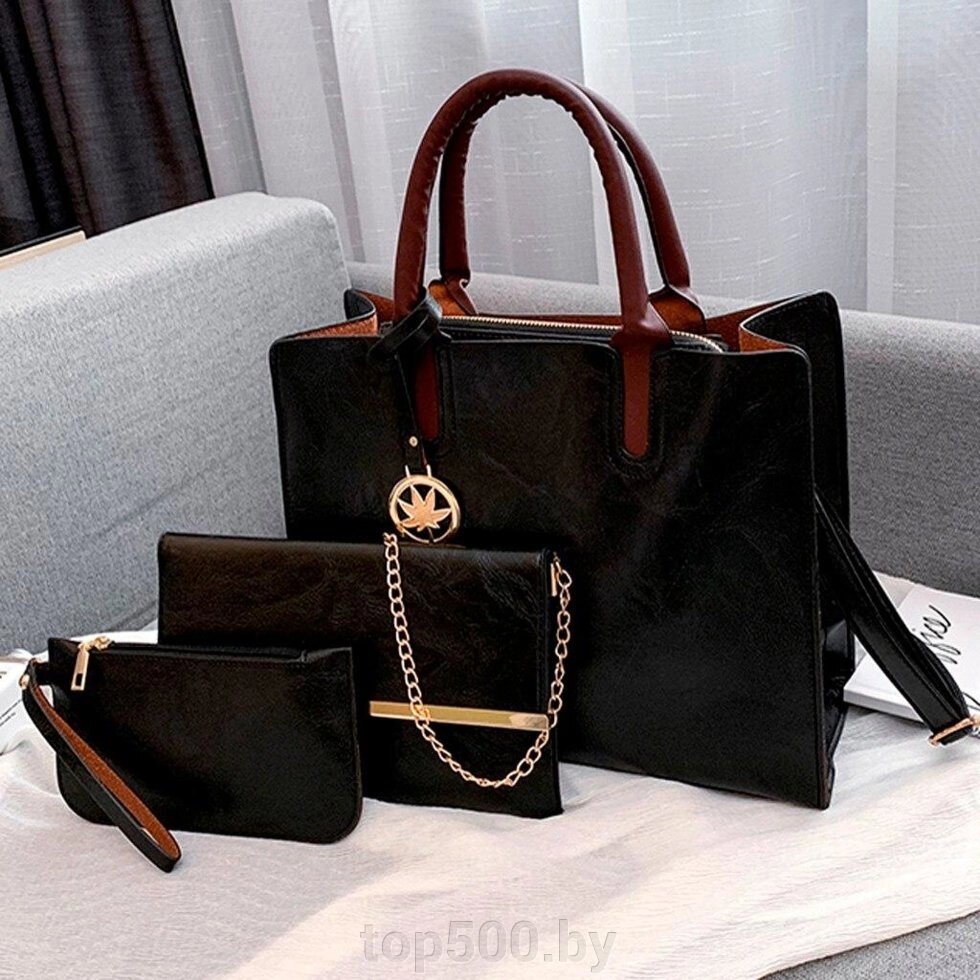 Набор женских сумок 3 в 1 (сумка, клатч, кошелек) черный от компании TOP500 - фото 1
