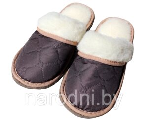 Обувь домашняя пантолеты (тапки) из натуральной овечьей шерсти с верхом из стеганной плащевой ткани 35-36, Коричневый