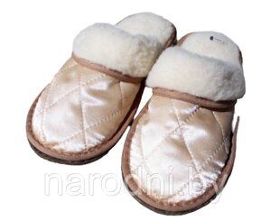 Обувь домашняя пантолеты (тапки) из натуральной овечьей шерсти с верхом из стеганной плащевой ткани 35-36, Золотистый