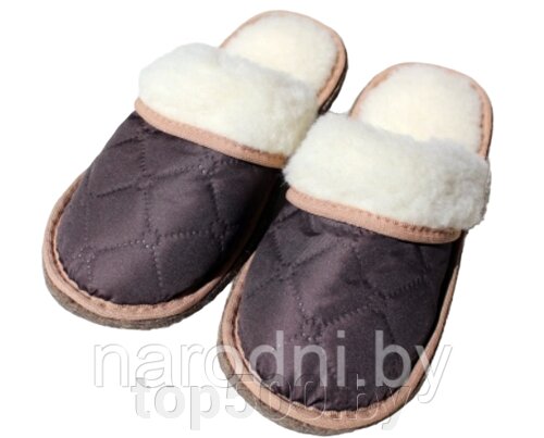 Обувь домашняя пантолеты (тапки) из натуральной овечьей шерсти с верхом из стеганной плащевой ткани 37-38, Коричневый