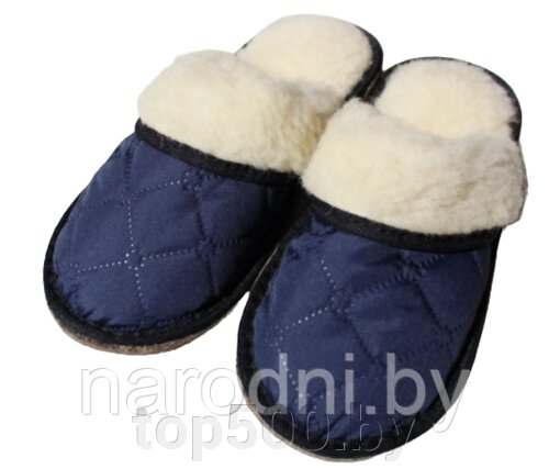 Обувь домашняя пантолеты (тапки) из натуральной овечьей шерсти с верхом из стеганной плащевой ткани 37-38, Синий