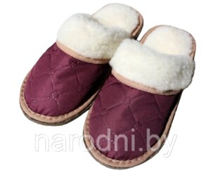 Обувь домашняя пантолеты (тапки) из натуральной овечьей шерсти с верхом из стеганной плащевой ткани 39-40, Бордовый