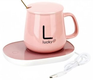 Керамическая чашка с ложкой для горячих напитков, с подогревом до 55 градусов от розетки Розовый