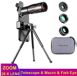 Профессиональный набор объективов для телефона 3 в 1 ( 28 х Zoom, Macro, Fish lens + штатив + чехол)