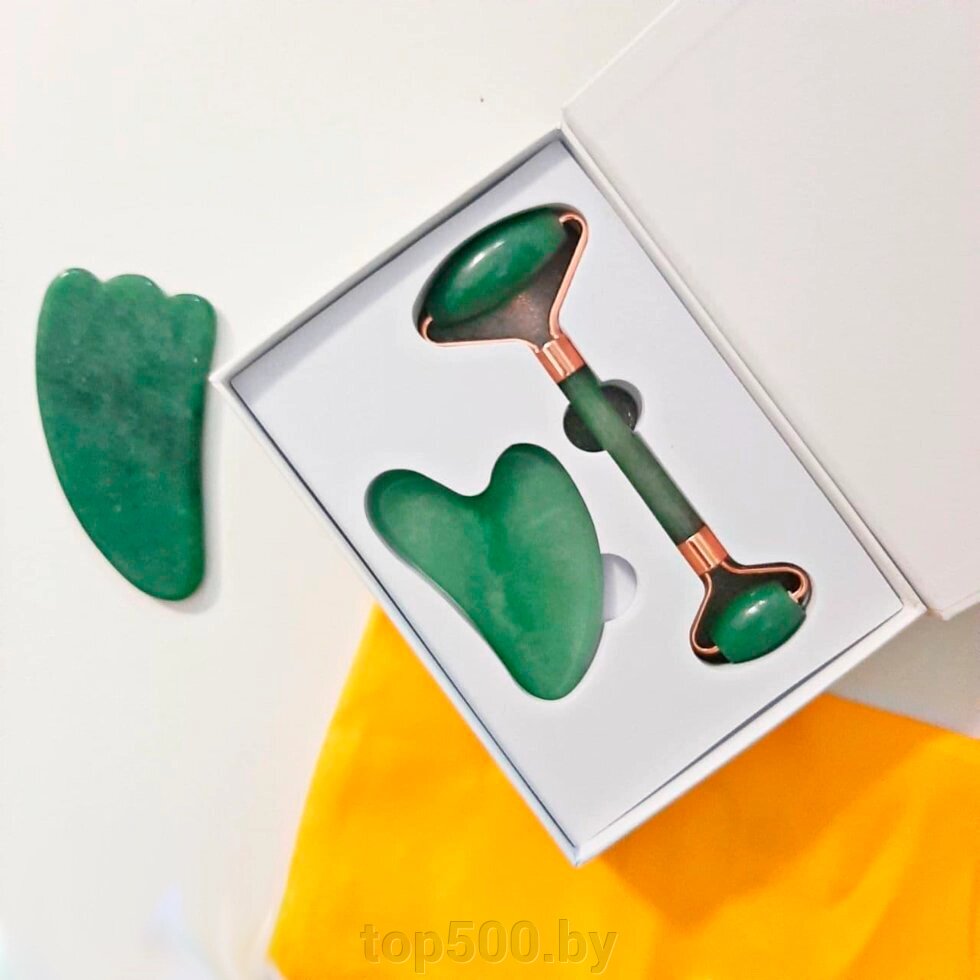 Скребок + ролик для массажа  Гуаша нефритовый (Набор 2 в 1) Цвет зеленый от компании TOP500 - фото 1
