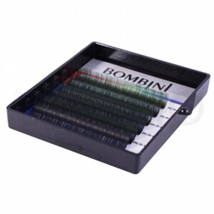 Ресницы для наращивания цветные Bombini Holi Черно-зелёные 0,10 D Mix 8-13мм 6полос