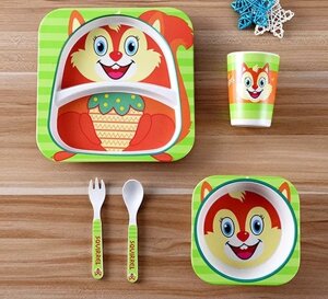 Детская посуда из бамбука из 5 предметов (набор) Bamboo Ware Kids Set. Белочка.