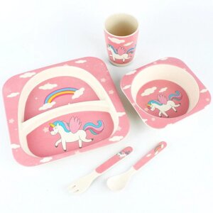 Детская посуда из бамбука из 5 предметов (набор) Bamboo Ware Kids Set. Единорожка