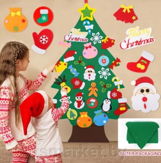 Елочка из фетра с новогодними игрушками липучками Merry Christmas, подвесная, 93 х 65 см от компании TSmarket - фото 1