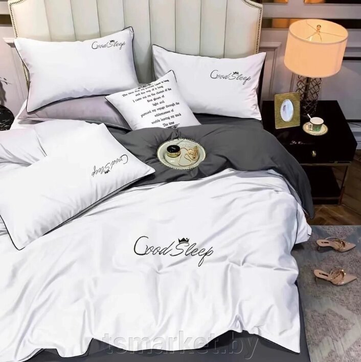 Комплект постельного белья Good Sleep Премиум, Сатин, Евро размер. Белый + коричневый/серый от компании TSmarket - фото 1