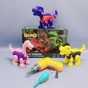 Конструктор DINO с шуруповертом на батарейках. Три динозавра в комплекте