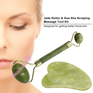 Массажный подарочный набор 2 в 1 Jade Roller скребок Гуаша + ролик для массажа (