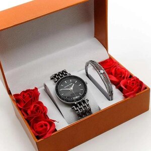 Набор подарочный женский 2в1 MICHAEL KORS (часы + браслет в оранжевой коробочке с розами)