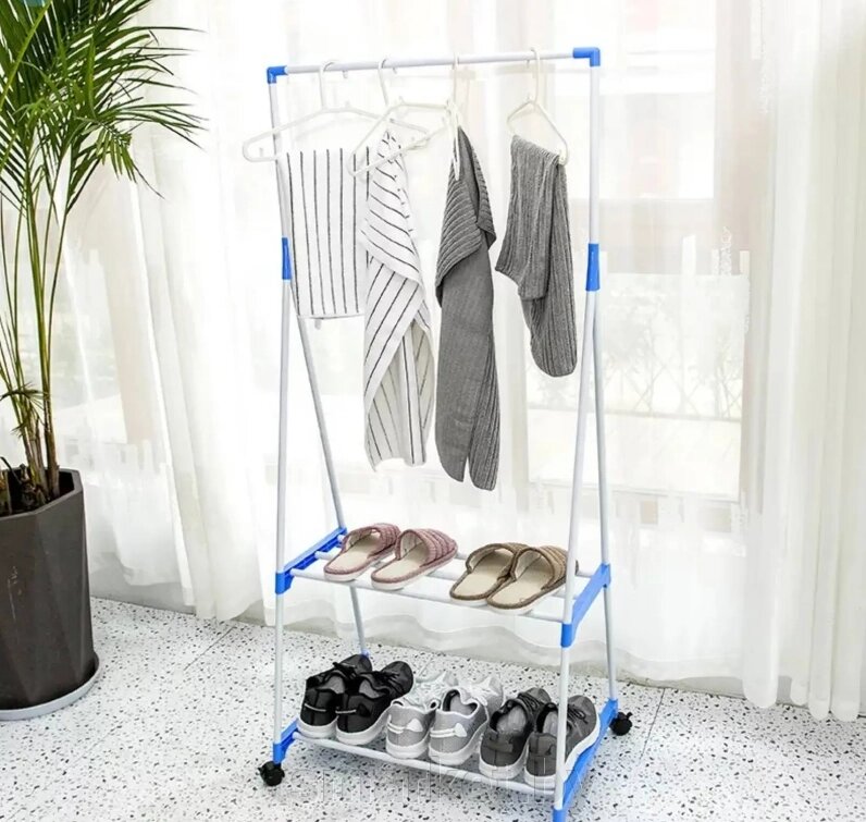 Напольная вешалка Clothes Rack передвижная двухъярусная с полками стойка для одежды и обуви на колесиках от компании TSmarket - фото 1