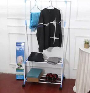 Напольная вешалка Clothes Rack передвижная двухъярусная с полками стойка для одежды и обуви на колесиках
