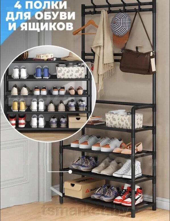 Напольная вешалка для обуви и одежды с полками и крючками New Simple floor Clothes Rack 5 ярусов 175х60х28 см. от компании TSmarket - фото 1