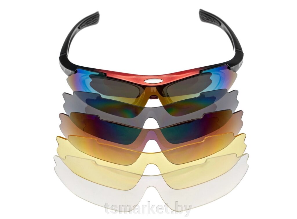 Очки спортивные солнцезащитные с 5 сменными линзами в чехле, красные от компании TSmarket - фото 1