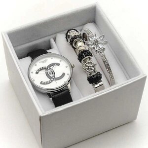 Женский подарочный набор 3в1 CHANEL часы + два браслета в в крафтовой коробочке