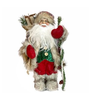 Дед Мороз в серой клетчатой шубке с посохом, 30 см