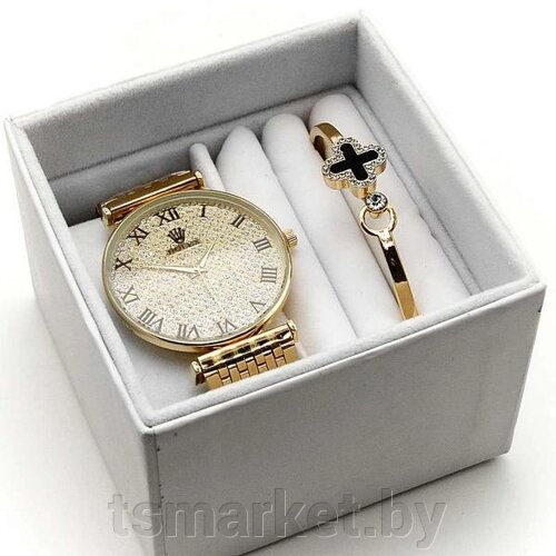 Подарочный набор для женщин в стиле ROLEX часы + браслет в коробке 2 вида