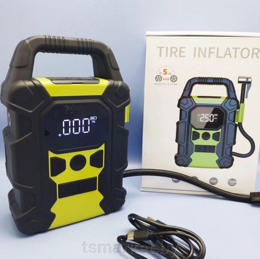 Портативный автомобильный компрессор Tire Inflator с функцией Powerbank c LED-дисплеем и фонариком / Беспровод от компании TSmarket - фото 1