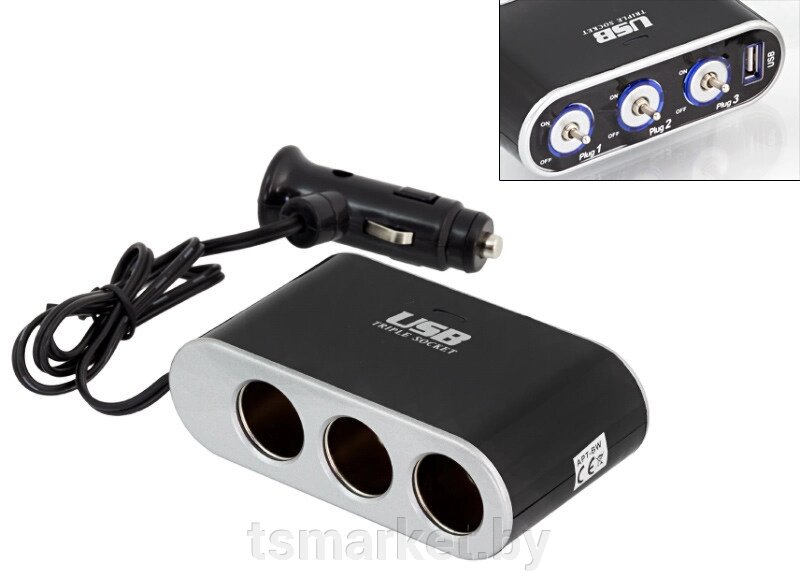 Разветвитель прикуривателя SiPL с выключателями на 3 выхода+USB от компании TSmarket - фото 1