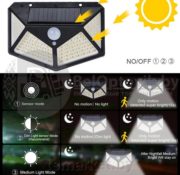 Уличный светильник с датчиком движения на солнечной батарее 100 LED Solar Interaction Wall Lamp B-100, 3 режим от компании TSmarket - фото 1