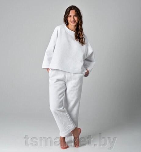 Женский домашний костюм вафельный / пижама (белый)
