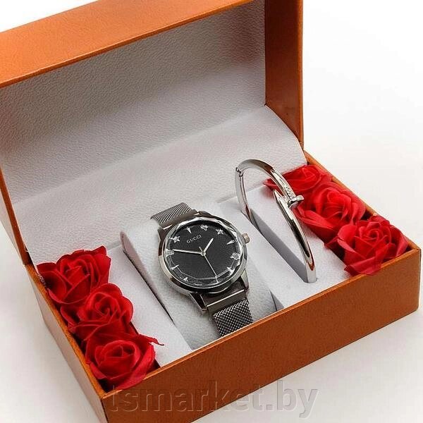 Женский подарочный набор  2в1  GUCCI   (часы + браслет в коробочке с розами) от компании TSmarket - фото 1