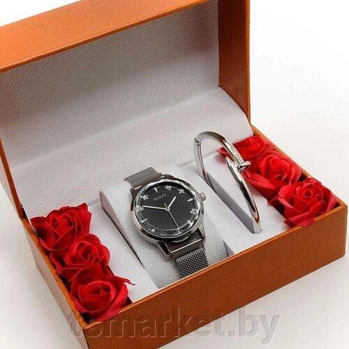 Женский подарочный набор 2в1 GUCCI (часы + браслет в коробочке с розами)