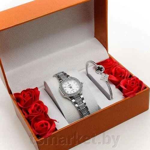 Женский подарочный набор 2в1 VIAMAX (часы + браслет в коробочке с розами)