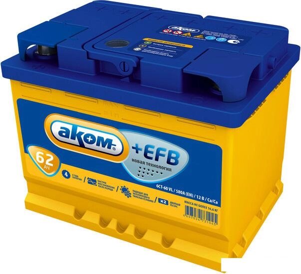 Автомобильный аккумулятор AKOM +EFB 62 (62 А·ч) от компании Интернет-магазин marchenko - фото 1