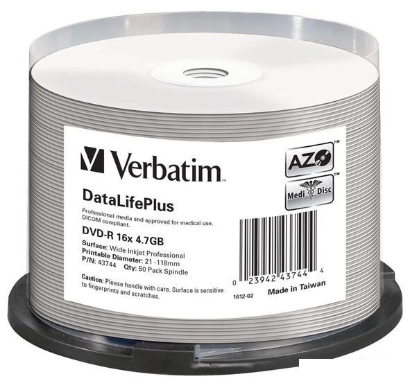 DVD-R диск Verbatim DVD-R 4.7GB 16x DataLifePlus по 50 шт. CakeBox от компании Интернет-магазин marchenko - фото 1