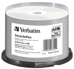 DVD-R диск Verbatim DVD-R 4.7GB 16x DataLifePlus по 50 шт. CakeBox