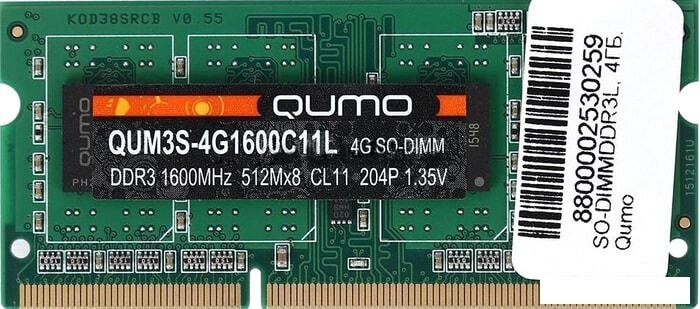Оперативная память QUMO 4GB DDR3 SODIMM PC3-12800 QUM3S-4G1600C11L от компании Интернет-магазин marchenko - фото 1
