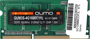 Оперативная память QUMO 4GB DDR3 sodimm PC3-12800 QUM3s-4G1600C11L