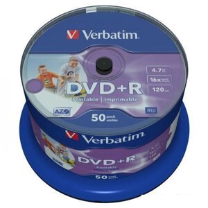 DVD+R диск Verbatim 4.7Gb 16x Verbatim Wide Inkjet Printable 50 шт. CakeBox 043512