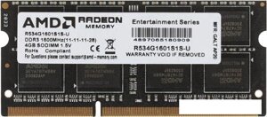 Оперативная память AMD Radeon R5 Entertainment 4GB DDR3 SODIMM PC4-12800 R534G1601S1S-U