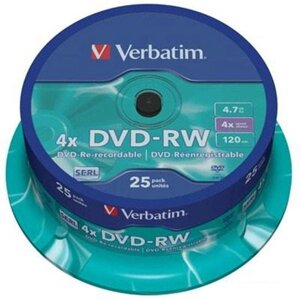 DVD+RW диск Verbatim 4.7Gb 4x Verbatim DLP Silver по 25 шт. CakeBox 43639