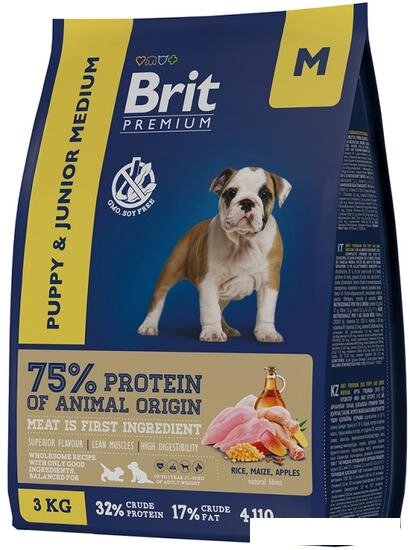 Сухой корм для собак Brit Premium Dog Puppy and Junior Medium курица 3 кг от компании Интернет-магазин marchenko - фото 1
