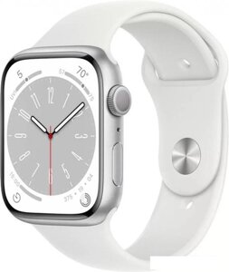 Умные часы Apple Watch Series 8 45 мм (алюминиевый корпус, серебристый/белый, спортивный силиконовый