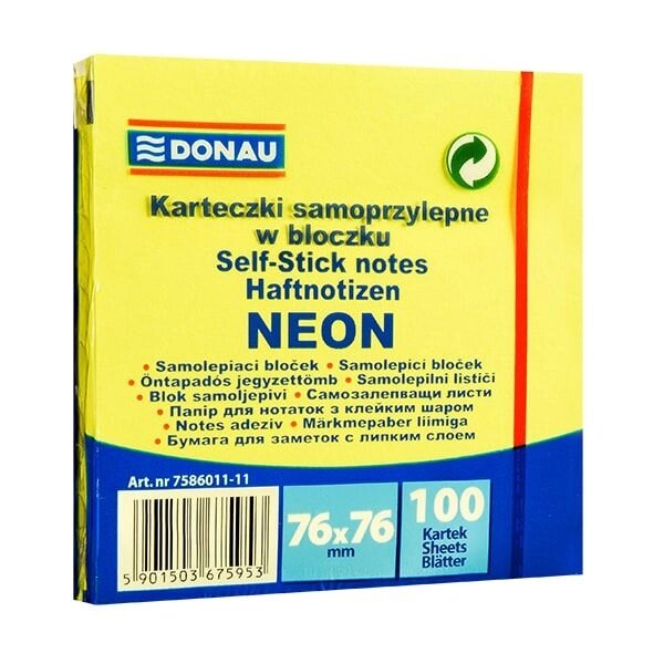 Бумага для заметок "Donau", 76x76 мм, 100 листов, желтый неон от компании «Офистон маркет» - фото 1
