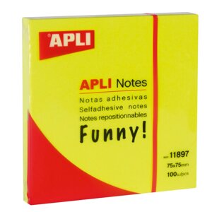 Бумага для заметок на клейкой основе "Funny notes", 75x75 мм, 100 листов, флуоресцентный желтый