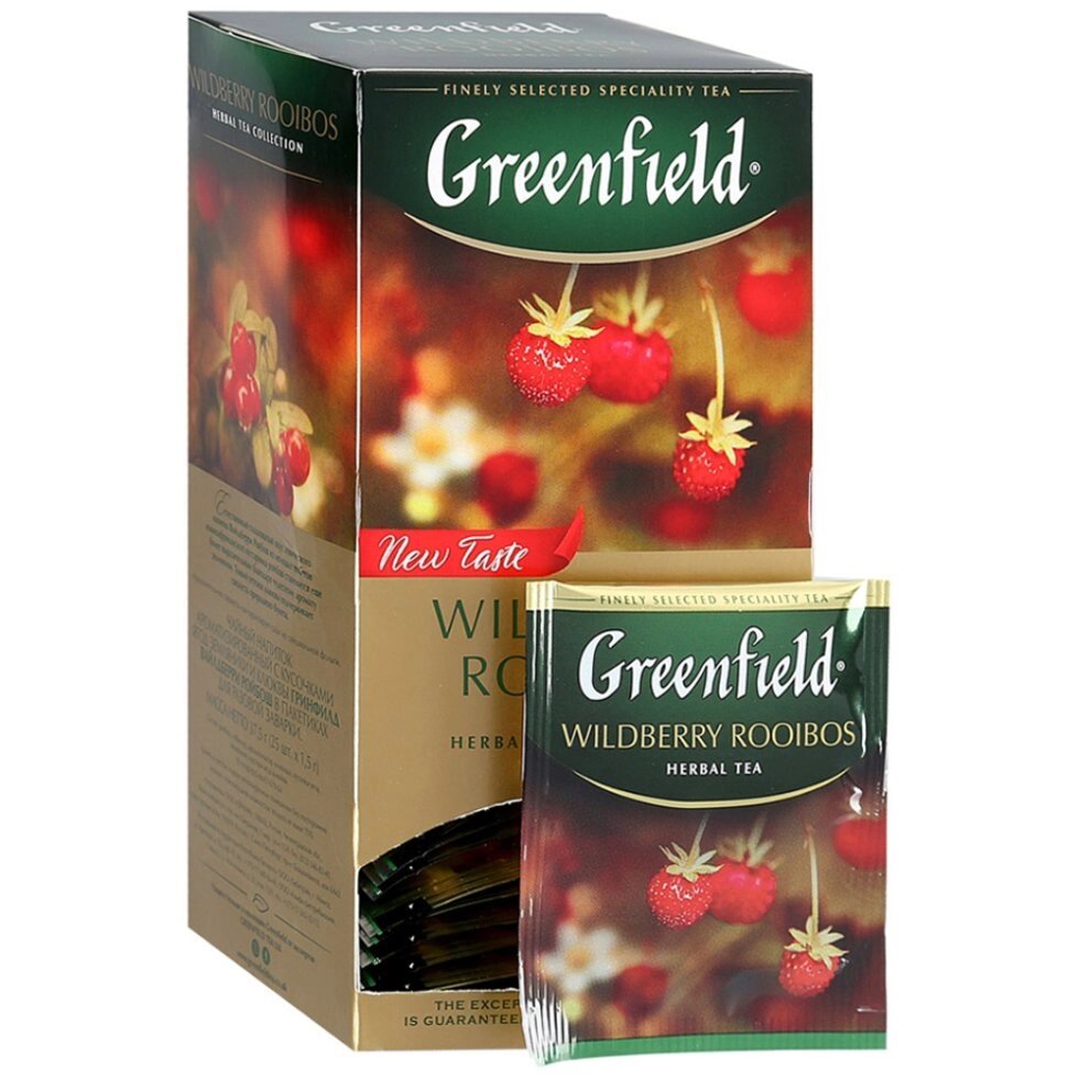 Чай "Greenfield" Wildberry Rooibos, 25 пакетиков x1.5 г, черный, с кусочками земляники и клюквы от компании «Офистон маркет» - фото 1